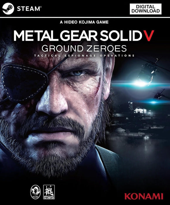 Cover art of Metal Gear Solid V: Ground Zeroes for PC Steam, showcasing a close-up of Big Boss with a gritty expression and helicopters illuminating the night sky in the background. Purchase your Steam key now at RushGame.co and experience the intense prologue to The Phantom Pain in Hideo Kojima’s stealth-action masterpiece.
