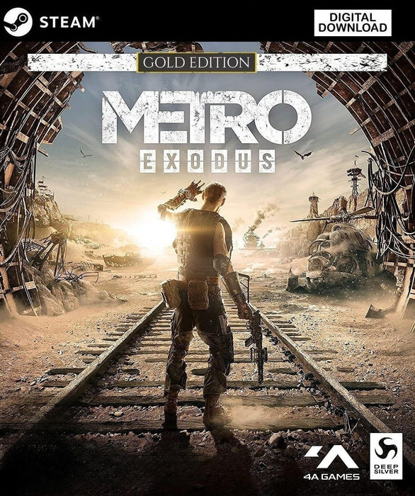 Cover image of Metro Exodus Gold Edition for PC Steam featuring a lone survivor standing on railway tracks in a post-apocalyptic wasteland under the harsh sun. Get your Steam CD key now at RushGame.co and embark on an epic journey across a devastated Russia
