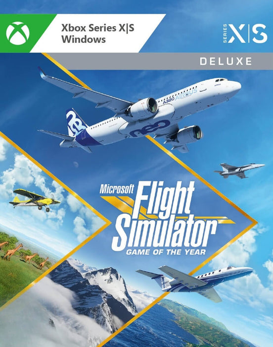 Cover art for Microsoft Flight Simulator Deluxe Bundle on Xbox Series X|S and Windows, featuring realistic aircraft like the Airbus A320, fighter jets, and scenic landscapes. Buy your Microsoft Flight Simulator CD Key from RushGame.co for immersive flying experiences with enhanced deluxe content and global coverage