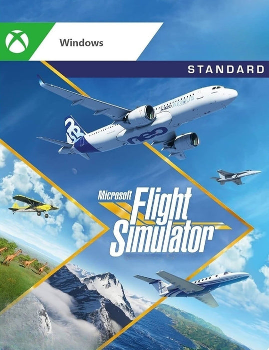 Cover for Microsoft Flight Simulator Standard Edition on PC Windows 10, showcasing various aircraft and scenic landscapes including mountains, oceans, and wildlife. Purchase your Microsoft Flight Simulator CD Key from RushGame.co for a realistic flying experience with high-definition world exploration
