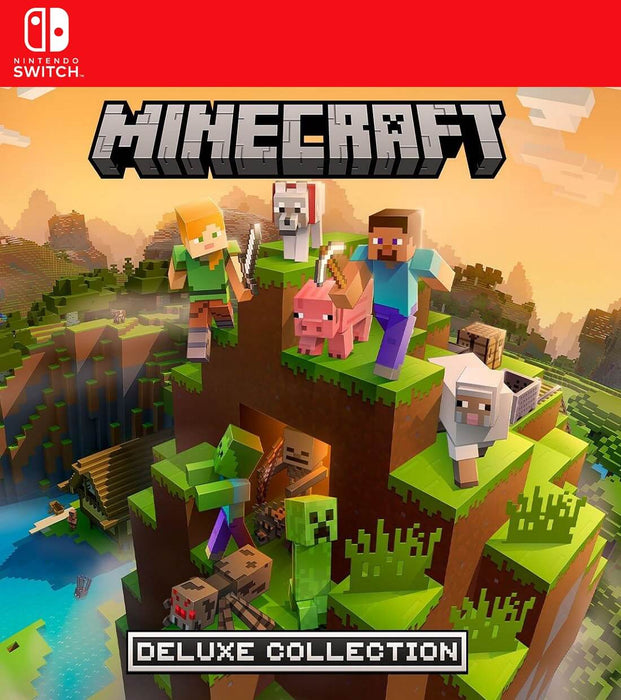 Vibrant cover art for Minecraft Deluxe Collection on Nintendo Switch, featuring iconic characters like Steve and Alex, along with animals and hostile mobs on a blocky mountain landscape — purchase the Nintendo Switch CD key today at RushGame.co and dive into endless creativity and adventure