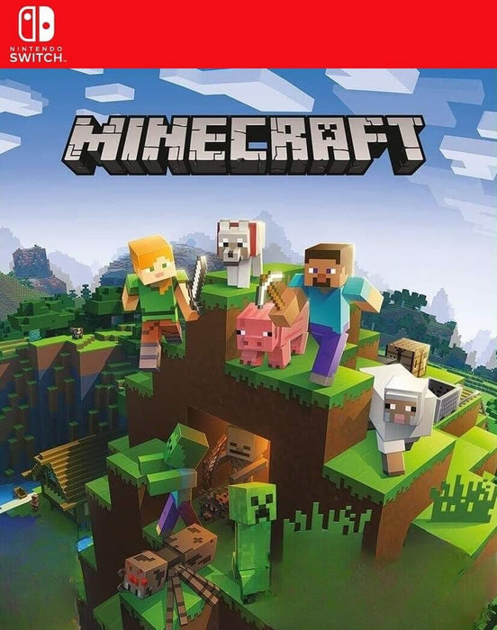 Minecraft cover art for Nintendo Switch featuring iconic characters like Steve, Alex, and various mobs including creepers and spiders, all set atop a grassy block mountain. Dive into the creative and survival fun—buy your Minecraft Nintendo Switch CD Key now at RushGame.co for instant delivery in the US