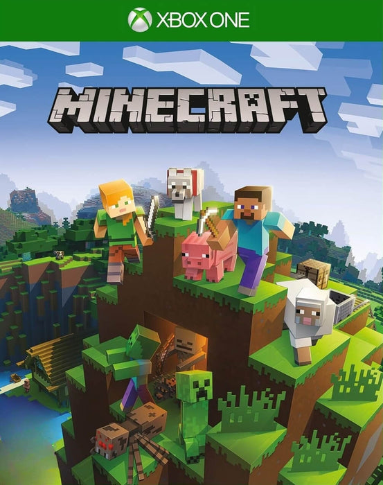 Cover art for Minecraft on Default Title, featuring Steve, Alex, and iconic mobs like creepers and skeletons in a classic voxel-style terrain. Get your Default Title Minecraft CD Key instantly at RushGame.co and start crafting your adventure today
