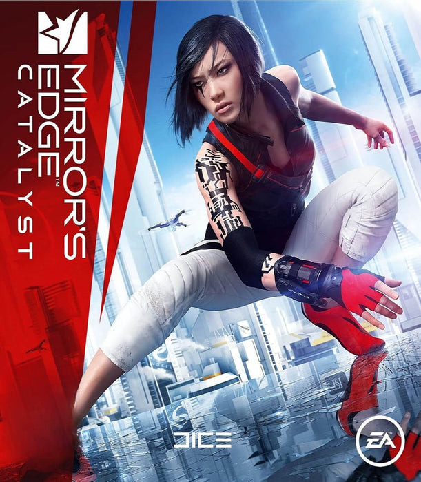 Cover image of Mirror's Edge Catalyst for PC, featuring Faith Connors in a dynamic parkour pose against a futuristic cityscape. Purchase your EA Play CD Key now at RushGame.co and experience fast-paced first-person action with stunning visuals