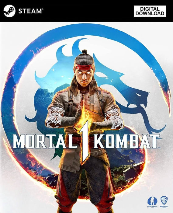 Official cover art of Mortal Kombat 1 for PC Steam, featuring Liu Kang igniting flames with his hands in front of a glowing dragon emblem. Get your Mortal Kombat 1 Steam CD Key for EU or NA at RushGame.co and dive into brutal next-gen kombat with iconic fighters and cinematic storylines