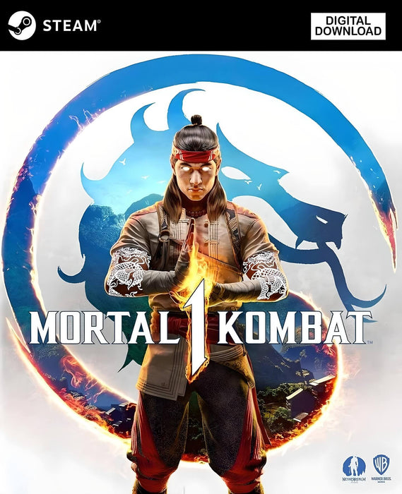 High-resolution cover art of Mortal Kombat 1 for PC Steam Global version, showcasing Liu Kang channeling fire energy before a blazing Mortal Kombat dragon emblem. Purchase your global Mortal Kombat 1 Steam CD Key now at RushGame.co and unleash epic battles across the realms in this next-gen reboot of the legendary fighting series