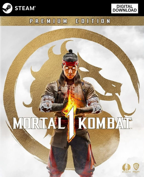 Global cover art of Mortal Kombat 1 Premium Edition for PC Steam, showcasing Liu Kang with fiery energy in front of a golden dragon emblem. This digital download unlocks exclusive bonus content—purchase your Mortal Kombat 1 Premium Edition CD Key today at RushGame.co for instant worldwide access