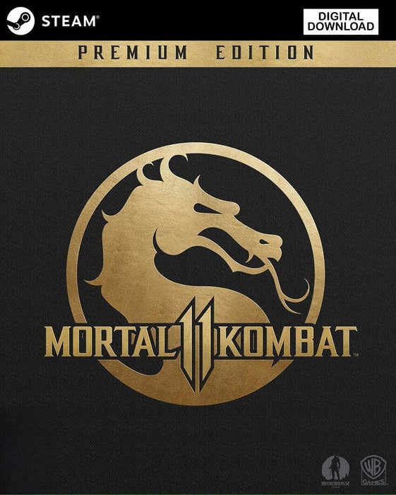 Cover image of Mortal Kombat 11 Premium Edition for PC Steam, featuring the iconic golden dragon logo on a sleek black background. Get your digital Steam key now from RushGame.co and experience the ultimate MK11 package with bonus content and exclusive DLCs