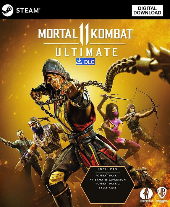Image showing the cover for Mortal Kombat 11 Ultimate Add-On Bundle on PC Steam, with iconic characters like Scorpion, Mileena, and Liu Kang in dynamic combat poses. Unlock Kombat Packs 1 & 2, the Aftermath expansion, and more with this DLC Steam key—available now with fast digital delivery at RushGame.co