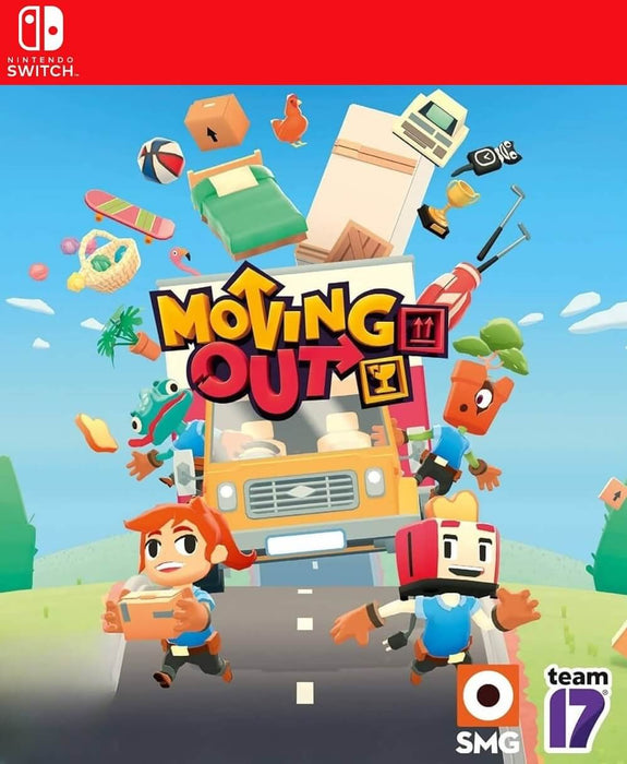 Vibrant cover art of Moving Out for Nintendo Switch, showcasing cartoon-style movers and chaotic household items flying from a moving truck. Grab your US region digital code from RushGame.co and enjoy this hilarious local co-op moving simulator on Nintendo Switch today