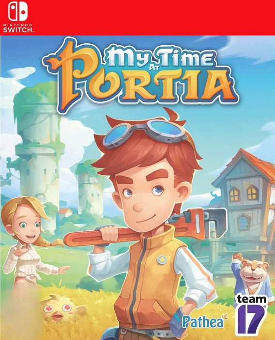 Vibrant Nintendo Switch cover of My Time At Portia featuring the protagonist with a wrench, surrounded by a cheerful cast and pastel fantasy backdrop. Unlock this heartwarming crafting and adventure RPG with a digital code from RushGame.co and start your journey in Portia today