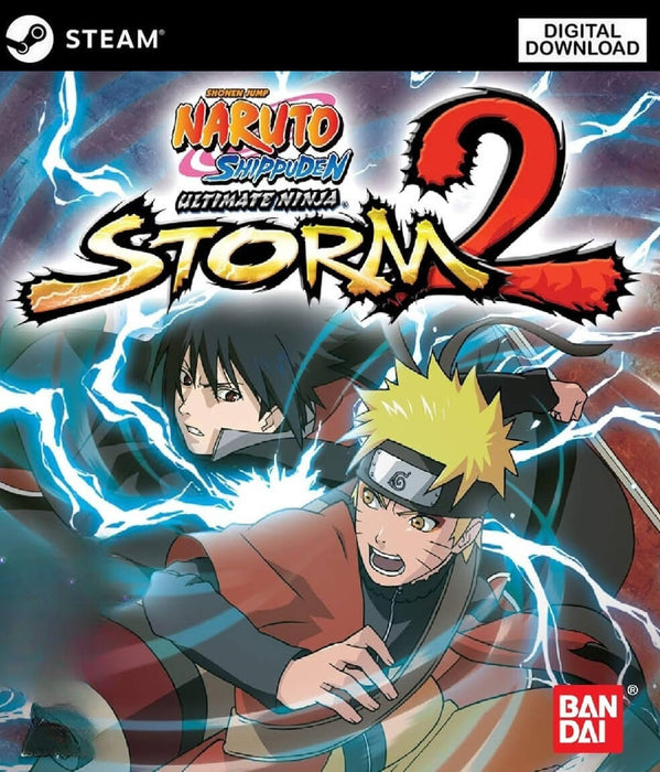Dynamic cover image for Naruto Shippuden: Ultimate Ninja Storm 2 on PC Steam, featuring Naruto Uzumaki and Sasuke Uchiha clashing in a burst of lightning and energy. Buy your Steam game key today at RushGame.co and relive epic anime battles with instant digital delivery