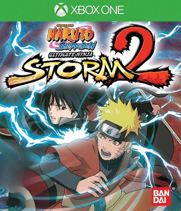Cover art for Naruto Shippuden: Ultimate Ninja Storm 2 on Xbox One, showing Naruto and Sasuke in a dramatic lightning-charged clash. Get your Xbox digital code instantly from RushGame.co and jump into intense anime-style battles today