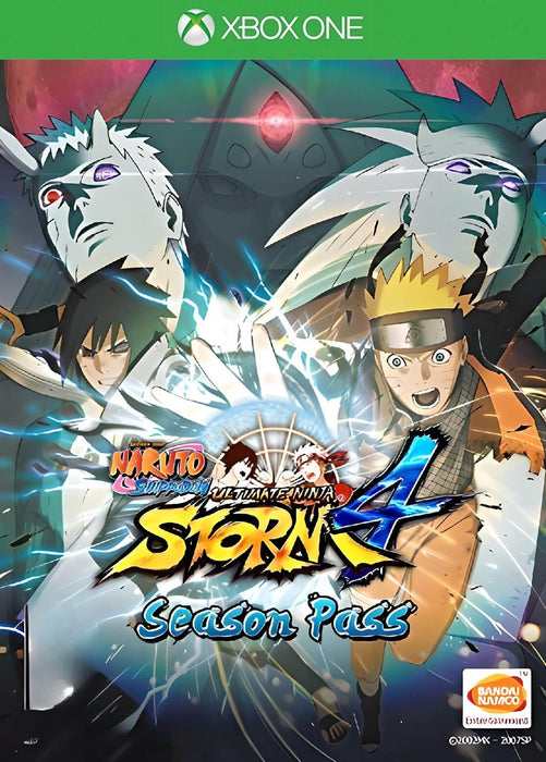 Cover art for Naruto Shippuden: Ultimate Ninja Storm 4 Season Pass on Xbox One, featuring intense action with Naruto and Sasuke surrounded by powerful adversaries. Unlock extra content and downloadable episodes instantly at RushGame.co with your Xbox digital key