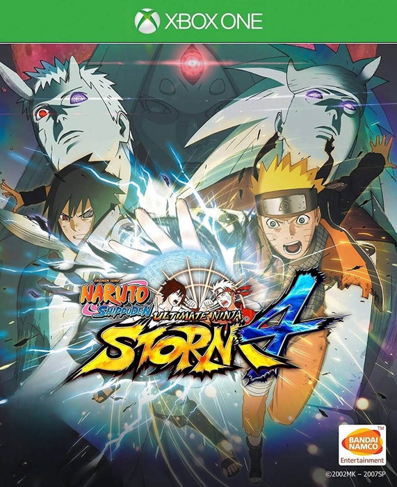 Cover art for Naruto Shippuden: Ultimate Ninja STORM 4 on Xbox One, showcasing Naruto, Sasuke, and powerful enemies in an epic battle scene. Get your Xbox digital key now at RushGame.co and dive into action-packed ninja warfare with iconic characters