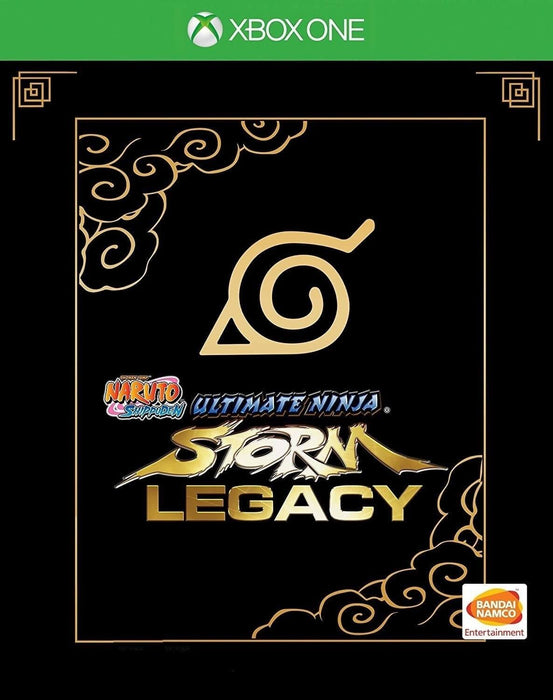Cover art for Naruto Shippuden: Ultimate Ninja Storm Legacy on Xbox One, featuring a minimalist golden Leaf Village symbol and bold title typography on a black background. Experience the complete ninja saga—buy your Xbox key now at RushGame.co and unlock the legacy instantly