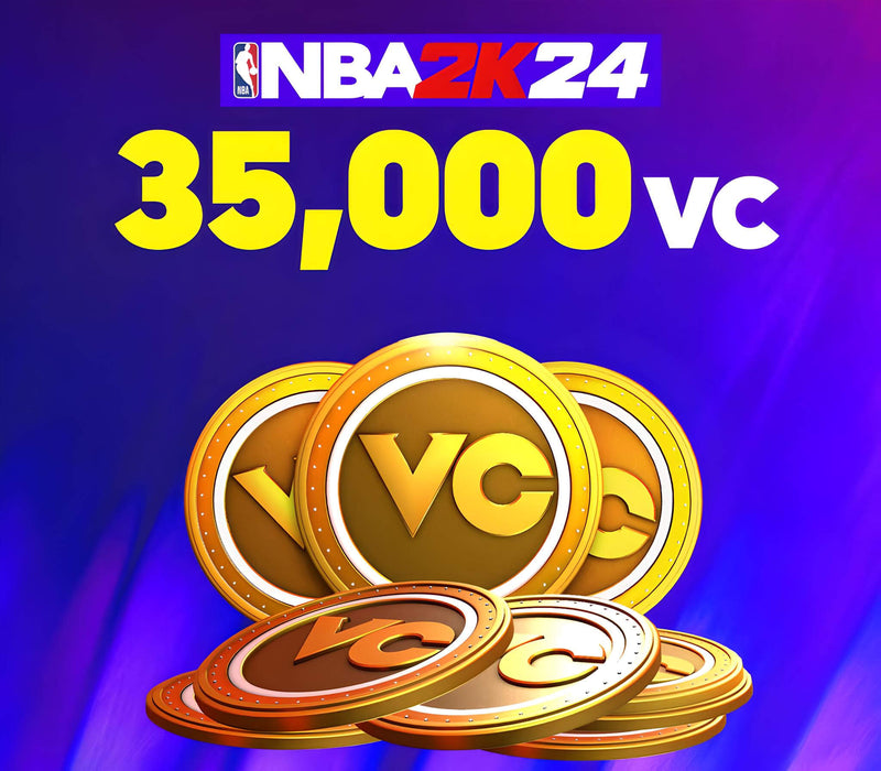 NBA 2K24 Virtual Currency pack featuring 35,000 VC coins on a vibrant purple background. Enhance your MyPlayer experience or upgrade gear with this Xbox One and Series X|S VC code—available now at RushGame.co for instant digital delivery