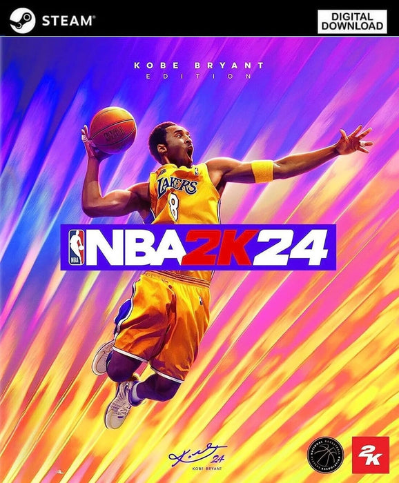 NBA 2K24 Kobe Bryant Edition cover for PC Steam, featuring an illustrated Kobe Bryant mid-air in his iconic Lakers jersey against a dynamic purple and gold background. Get your digital game key instantly at RushGame.co and honor a basketball legend on Steam