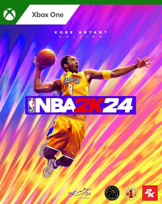 NBA 2K24 Kobe Bryant Edition cover for Xbox One, showcasing Kobe Bryant leaping with a basketball in hand, set against a vibrant purple and gold backdrop. Purchase your digital Xbox CD Key now at RushGame.co for instant delivery and play as a true basketball legend
