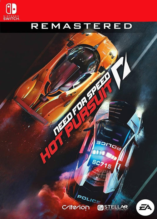 Official Nintendo Switch cover art for Need for Speed Hot Pursuit Remastered, featuring a supercar and a police vehicle in a high-speed chase. Get your NFS Hot Pursuit CD Key for Switch (NA) at RushGame.co