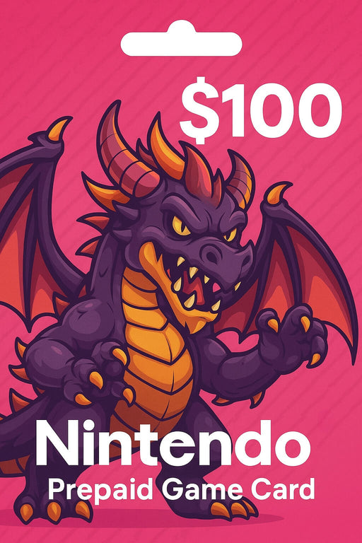 Promotional image of a $100 Nintendo eShop Prepaid Game Card featuring a fierce cartoon dragon on a vibrant pink background. Buy this US digital gift card at RushGame.co to top up your Nintendo account and unlock games, DLCs, and more instantly