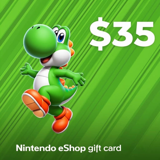 Vibrant image of a $35 Nintendo eShop gift card featuring Yoshi in a dynamic pose on a green background with diagonal stripes. Perfect for topping up your Nintendo account—get your code instantly at RushGame.co and enjoy games, DLCs, and in-game content across the US region