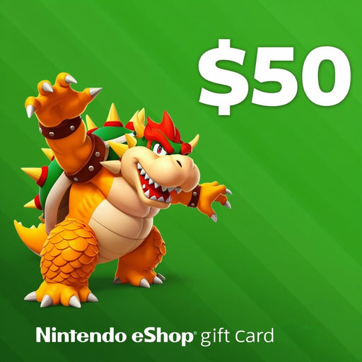 Image of a $50 Nintendo eShop gift card featuring Bowser on a vibrant green background, ready for action. Ideal for purchasing digital games, DLC, and more on the Nintendo Switch. Instantly available at RushGame.co for US accounts