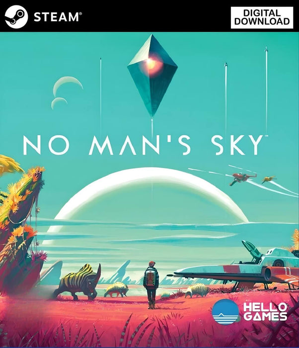 Stylized cover art for No Man's Sky on PC Steam ROW edition, featuring an explorer, alien wildlife, and a spacecraft under a glowing prism. Get your digital No Man's Sky CD key at RushGame.co and explore the universe today