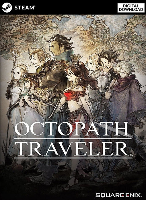 Official cover art for Octopath Traveler on PC via Steam, showcasing all eight protagonists in a hand-drawn, storybook style. Buy your Octopath Traveler Steam CD Key instantly at RushGame.co and embark on a classic JRPG adventure