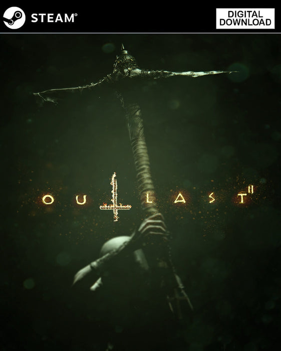 Cover art from Outlast 2 for PC Steam, featuring a haunting figure gripping a twisted cross, symbolizing the psychological horror awaiting in the game – buy your digital game key now at RushGame.co