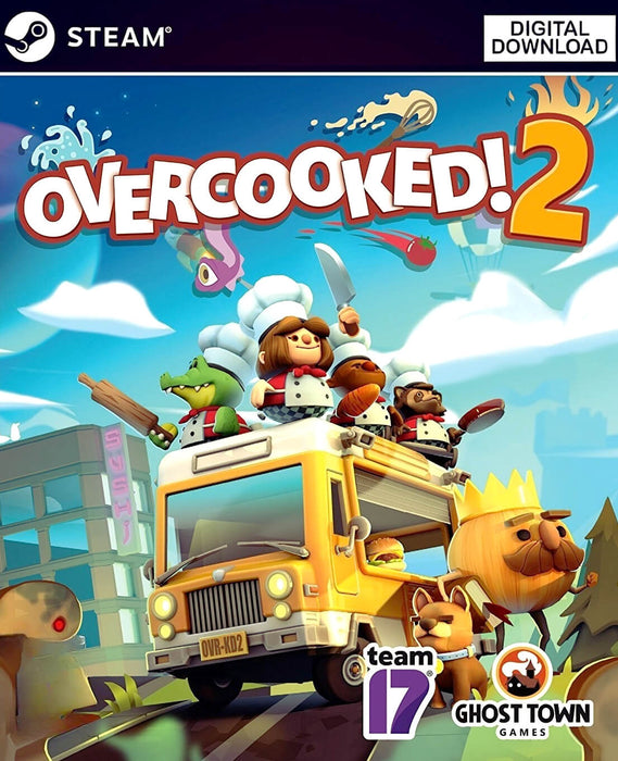 Official Steam cover art for Overcooked! 2 featuring animated chefs riding a food truck, ready for chaotic cooking challenges. Get your Overcooked! 2 PC Steam key now at RushGame.co for instant digital delivery