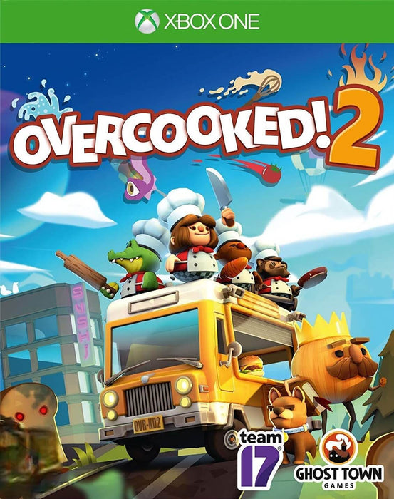 Cover art for Overcooked! 2 on Xbox One, showcasing quirky chefs riding a food truck. Buy your Overcooked! 2 Xbox One digital code now at RushGame.co and jump into chaotic cooking fun