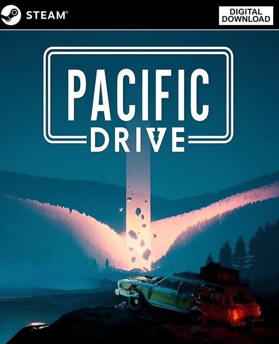 Cover art for Pacific Drive PC Steam edition, featuring a worn-out station wagon beneath a mysterious beam of light in a dense forest. Buy your Pacific Drive Steam key at RushGame.co for instant digital delivery.