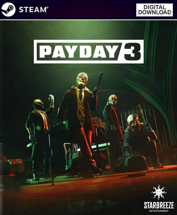 Official cover art for PAYDAY 3 on Steam, featuring iconic masked criminals in action-packed poses with guns —purchase your digital CD key now at RushGame.co