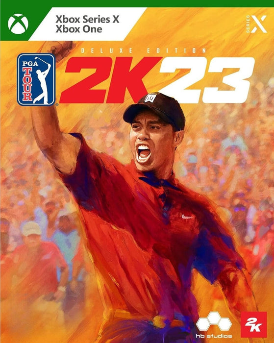 Cover image of PGA TOUR 2K23 Deluxe Edition for Xbox One and Xbox Series X|S featuring Tiger Woods in a dynamic celebratory pose with a bold orange background. Buy your digital Xbox golf game key now at RushGame.co for instant download and competitive pricing