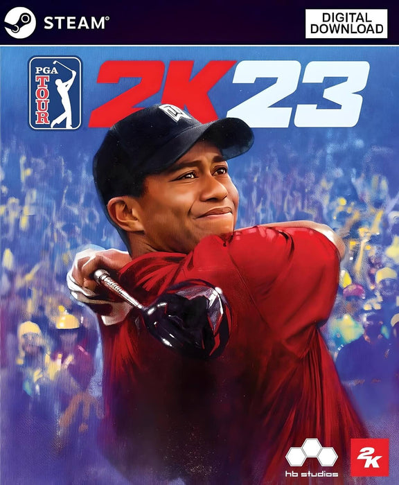 Official cover art for PGA TOUR 2K23 on PC Steam, featuring a professional golfer mid-swing in front of a vibrant, cheering crowd. Buy the PGA TOUR 2K23 Steam CD Key at RushGame.co and experience the ultimate golf simulation with realistic visuals and licensed courses