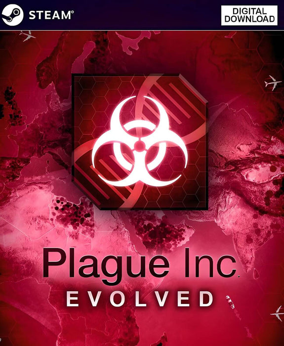 Cover art of Plague Inc: Evolved for PC Steam digital download, featuring a biohazard symbol on a red pandemic-themed world map. Get your Steam game key now at RushGame.co