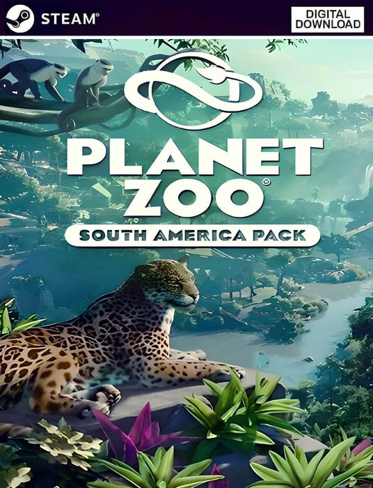 Colorful illustrated cover for Planet Zoo: South America Pack DLC for PC Steam, featuring a majestic jaguar resting in a lush rainforest. Buy the South America Pack Steam CD Key now at RushGame.co for instant delivery and exotic wildlife additions