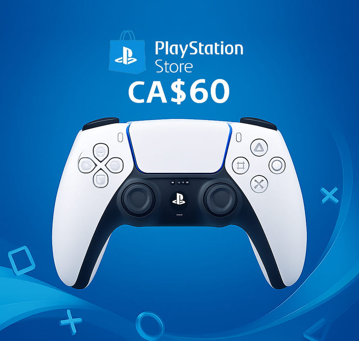 Image featuring a CA$60 PlayStation Store gift card for Canada with a DualSense controller on a blue background – purchase your $60 CAD PlayStation Network card today at RushGame.co for instant access to your favorite games