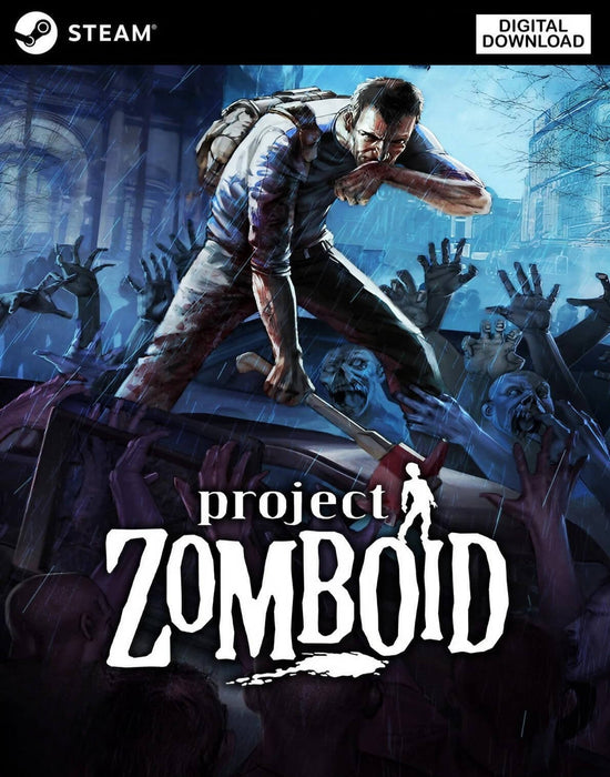 Cover image of Project Zomboid for Steam showing a bloodied survivor fending off zombies in the rain — purchase your Project Zomboid PC Steam CD Key at RushGame.co for instant digital delivery