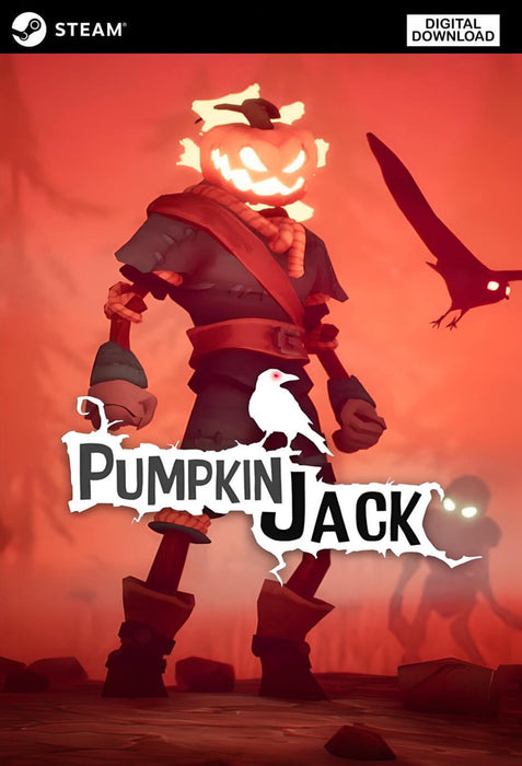 cover art of Pumpkin Jack for PC on Steam, featuring the fiery-headed protagonist standing boldly in a red-hued, eerie landscape. Buy the digital game key at RushGame.co for instant delivery.