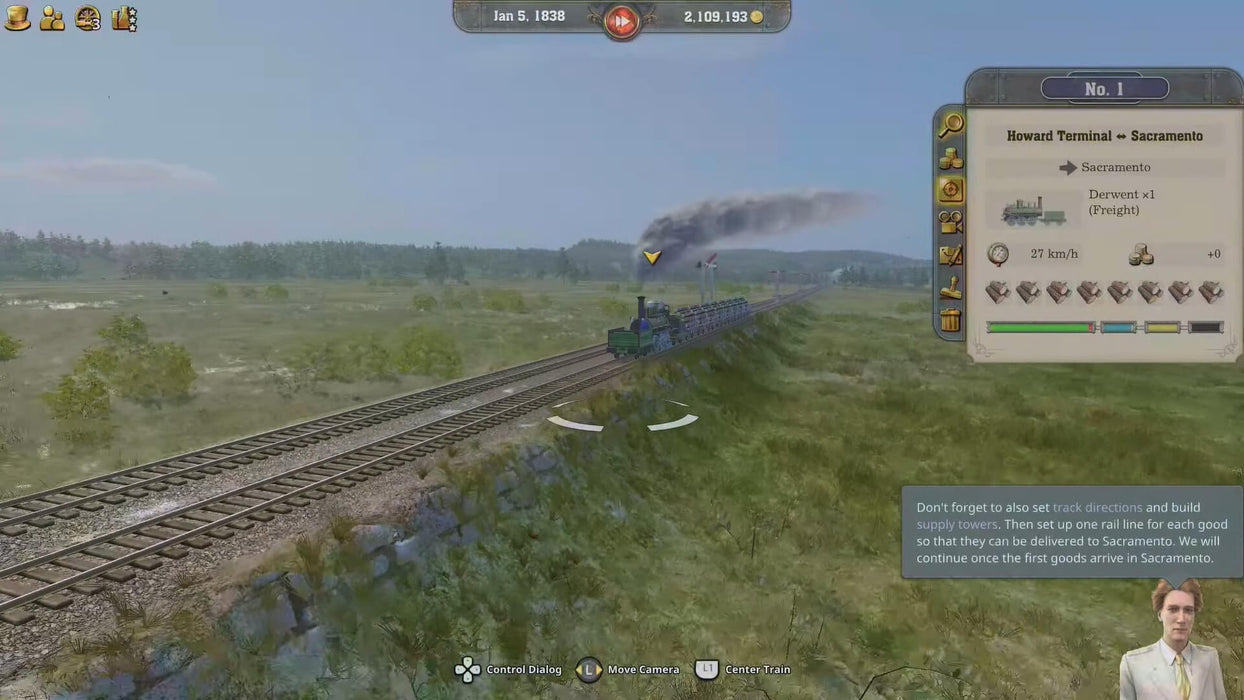 Freight train traveling across open fields in Railway Empire 2: Deluxe Edition on PC, transporting goods toward Sacramento. Purchase your official Steam key at RushGame.co and expand your logistics empire