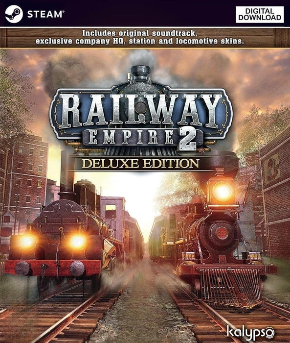 cover art for Railway Empire 2: Deluxe Edition on PC Steam, featuring two powerful locomotives facing off on city tracks. Buy your digital Steam CD key now at RushGame.co and build your transportation empire