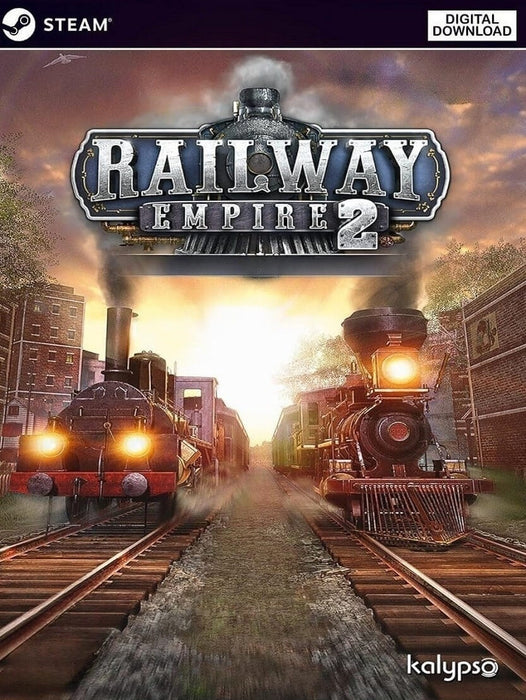 cover art for Railway Empire 2 on PC Steam, showing two steam locomotives charging forward through a cityscape. Get your digital Steam CD key now at RushGame.co and take control of the railway age