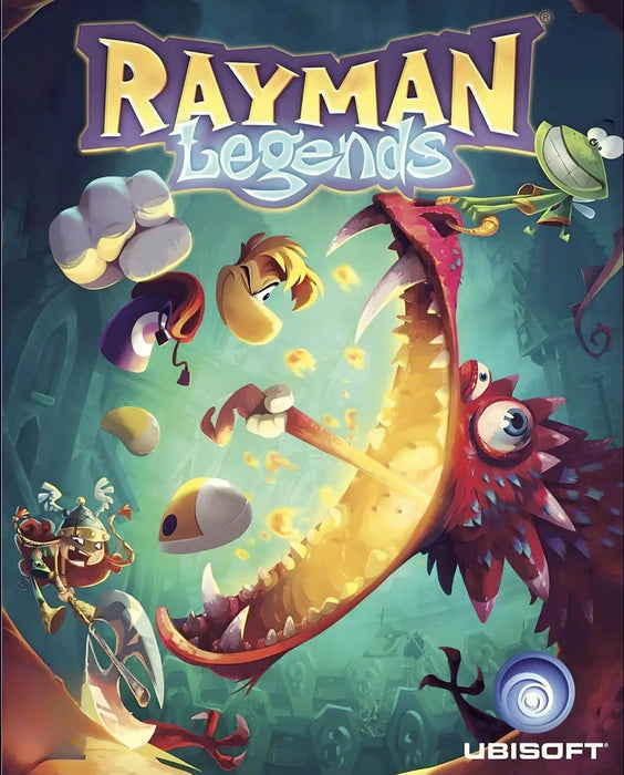 Cover art for Rayman Legends on PC Ubisoft Connect, showcasing Rayman and his quirky allies facing off against a monstrous creature. Buy your Rayman Legends game key now at RushGame.co for an unforgettable platforming experience