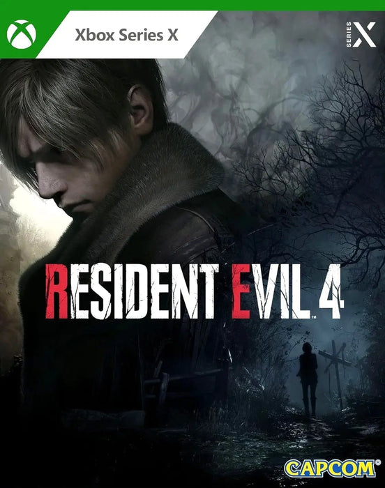 Official cover art for Resident Evil 4 (2023) on Xbox Series X|S, featuring Leon Kennedy and a shadowy forest backdrop. Buy the Resident Evil 4 Argentina region Xbox key now at RushGame.co for instant digital access