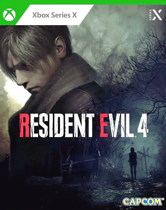 Resident Evil 4 (2023) Xbox Series X/S cover art featuring Leon Kennedy in a dark, eerie forest. Get your digital download code instantly at RushGame.co