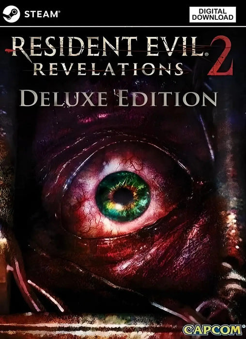 Cover image of Resident Evil Revelations 2 Deluxe Edition for PC Steam featuring a terrifying close-up of a mutated eye—highlighting the horror atmosphere of the game. Purchase the Steam CD key now at RushGame.co for instant digital delivery