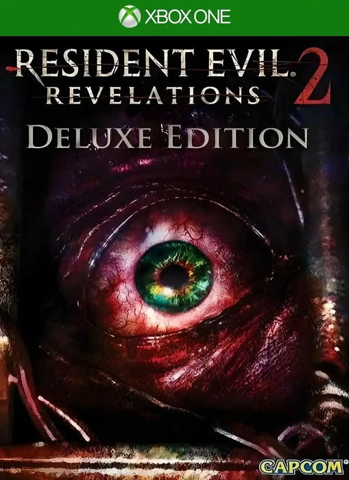 cover of Resident Evil Revelations 2 Deluxe Edition for Xbox One, featuring the terrifying eye of a mutated creature. Buy your US Xbox CD key now at RushGame.co for instant delivery