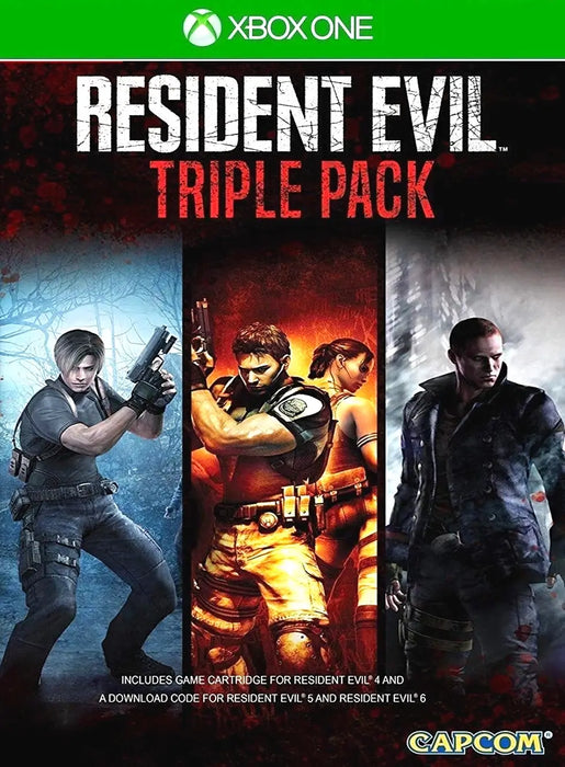 Cover art for Resident Evil Triple Pack featuring Leon S. Kennedy, Chris Redfield, and Jake Muller, available as an Xbox One CD key at RushGame.co – get your digital survival horror trilogy now